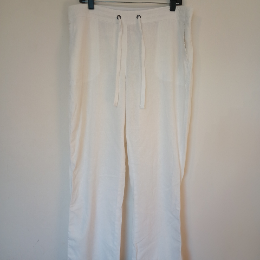 Per Se Women's White Linen Blend String Tie Pants Size L